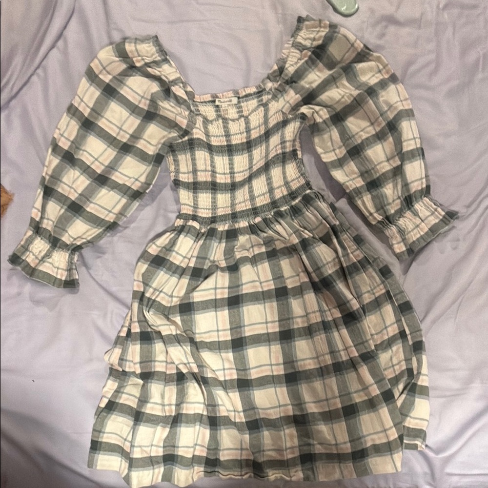 Madewell Plaid Dress in Green and Cream